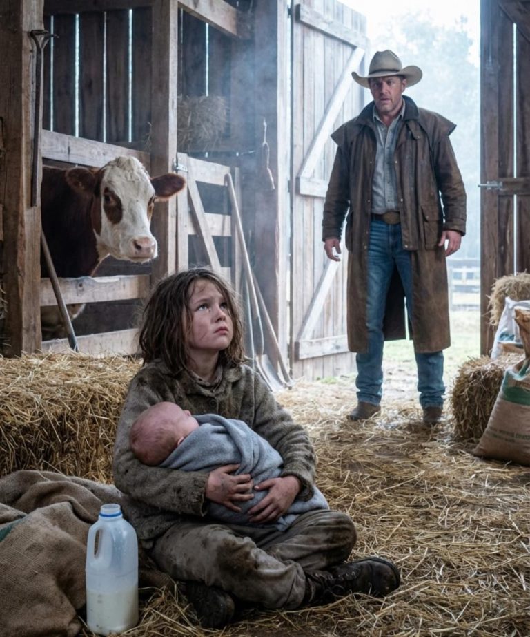 “I’m sorry, sir… I don’t have money for milk,” whispered a 7-year-old girl begging at dawn—but when a Texas rancher followed her through the rain and discovered the starving baby she was hiding, a shocking abandonment secret came to light.