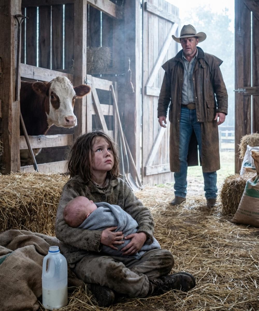 “I’m sorry, sir… I don’t have money for milk,” whispered a 7-year-old girl begging at dawn—but when a Texas rancher followed her through the rain and discovered the starving baby she was hiding, a shocking abandonment secret came to light.