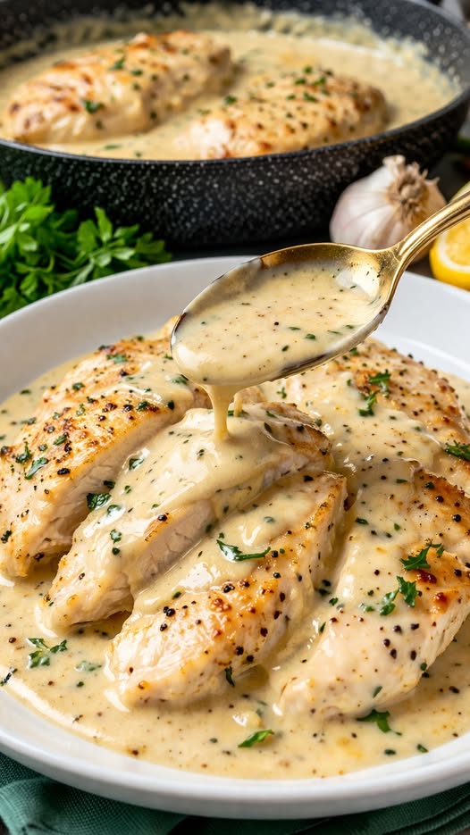 Pollo en salsa de nata, ajo y parmesano