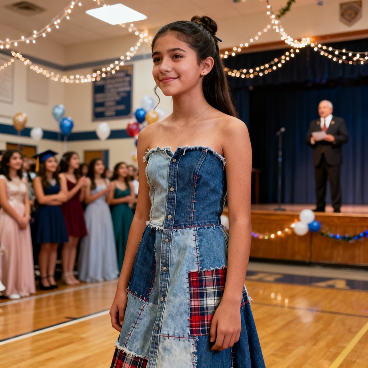 COSÍ UN VESTIDO CON LAS CAMISAS DE MI PAPÁ PARA MI BAILE DE GRADUACIÓN… CUANDO MIS COMPAÑEROS EMPEZARON A REÍRSE, PENSÉ QUE HABÍA COMETIDO EL PEOR ERROR DE MI VIDA. PERO ENTONCES EL DIRECTOR TOMÓ EL MICRÓFONO… Y TODA LA SALA QUEDÓ EN SILENCIO.