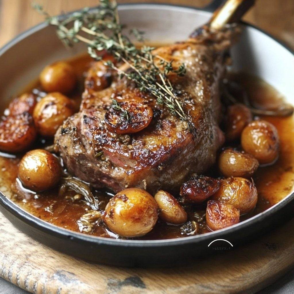 Spalla d’agnello arrosto con timo e aglio confit